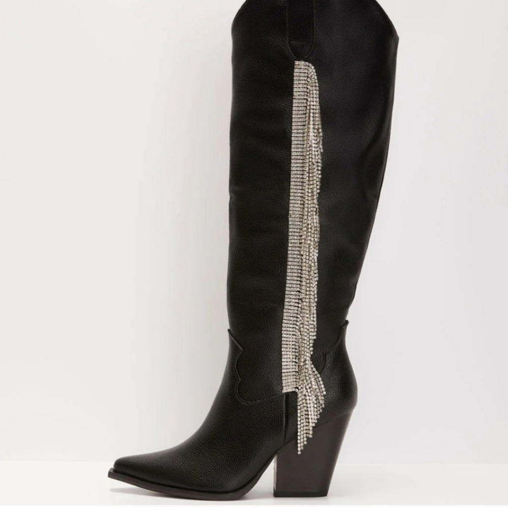 Elegant Black Heeled Boots with Rhinestone Fringe